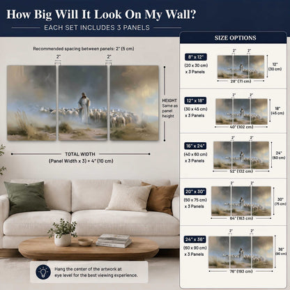 Good Shepherd in the mist painting set of 3 poster prints size guide above a sofa