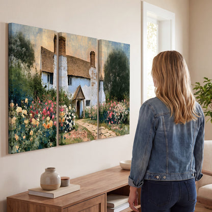 English cottage garden painting 3 piece canvas wall art in a living room