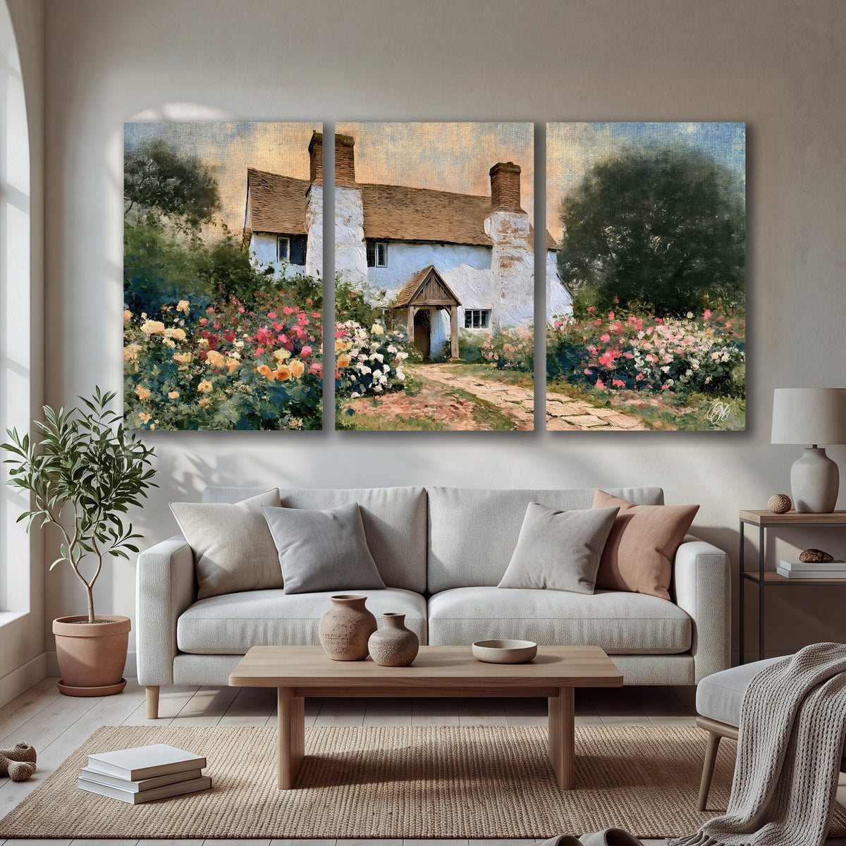 English cottage garden painting 3 piece canvas wall art in a bright living room