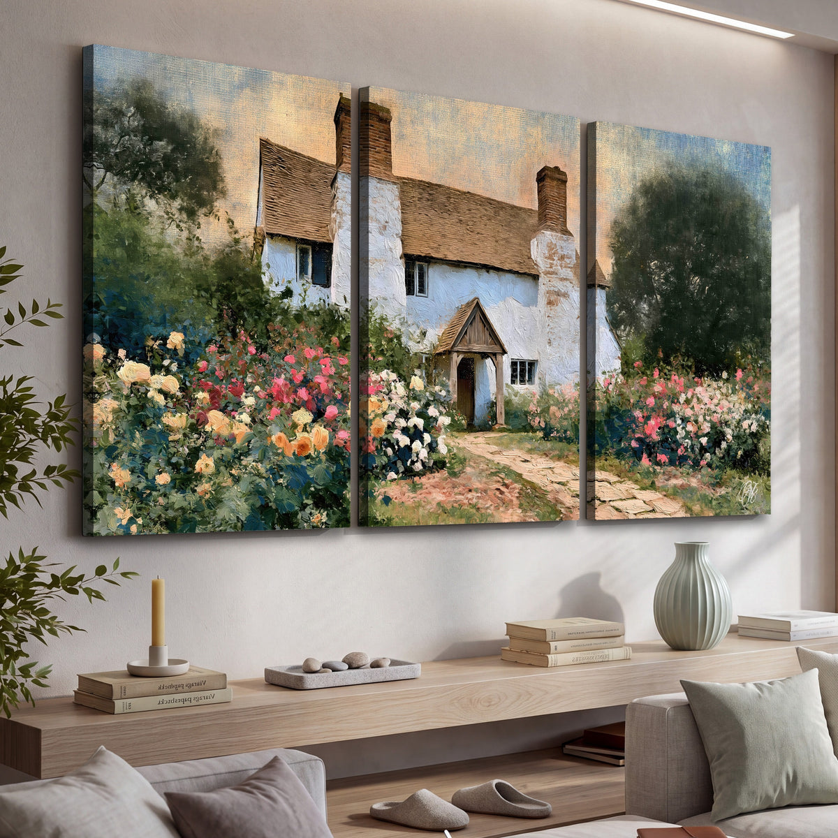 English cottage garden painting 3 piece canvas wall art in a living room above a console