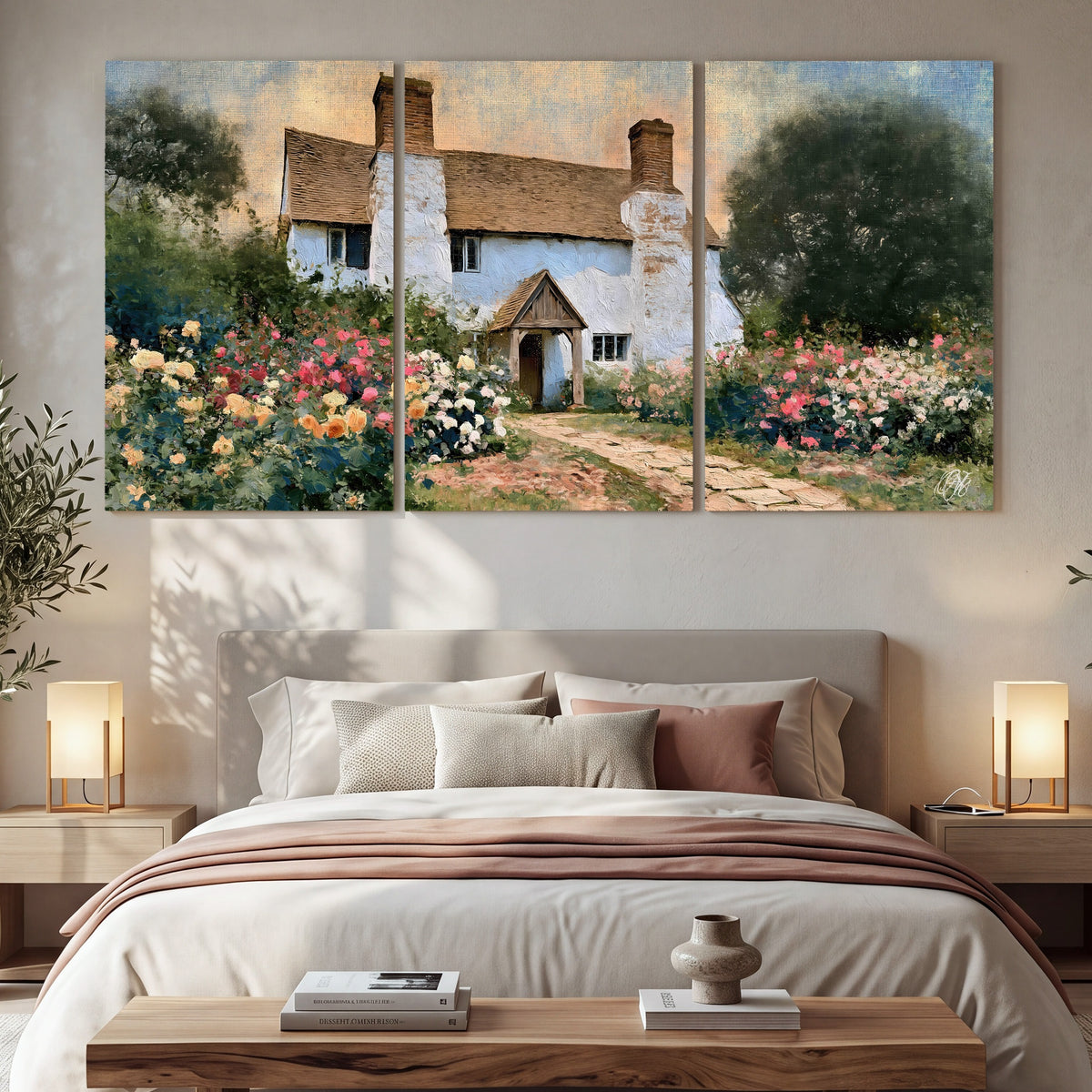 English cottage garden painting 3 piece canvas wall art in a bedroom above the bed