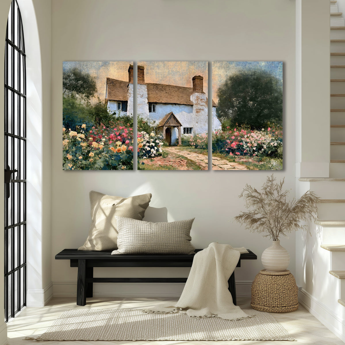 English cottage garden painting 3 piece canvas wall art in an entryway above a bench