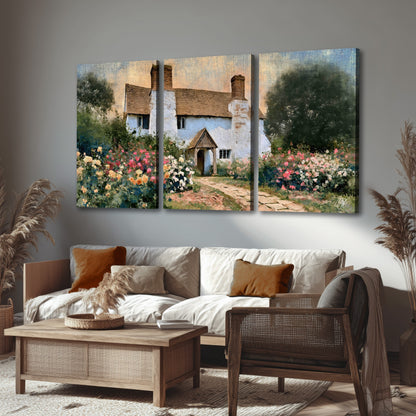 English cottage garden painting 3 piece canvas wall art in a rustic living room