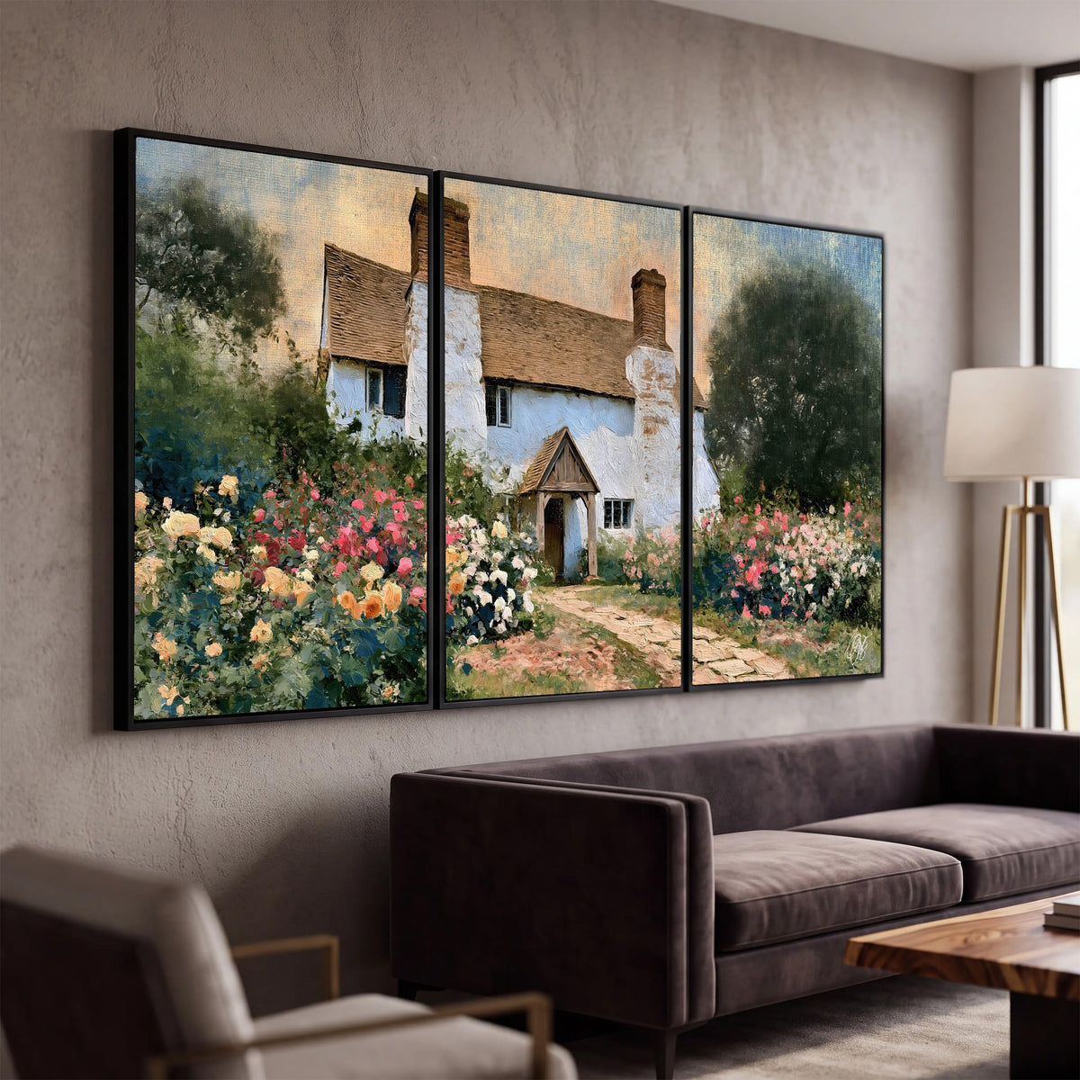 English cottage garden painting 3 piece canvas wall art in a modern living room