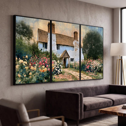 English cottage garden painting 3 piece canvas wall art in a modern living room