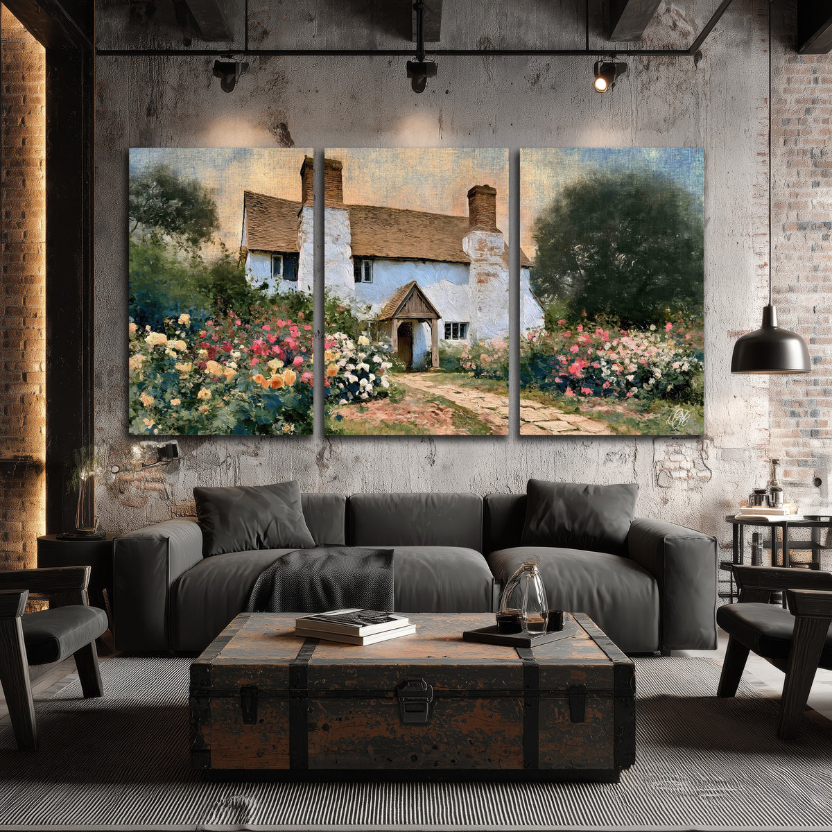 English cottage garden painting 3 piece canvas wall art in an industrial loft