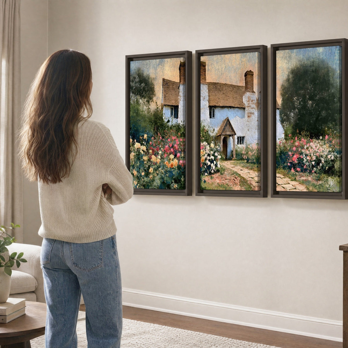 English cottage garden painting 3 piece framed canvas in a living room