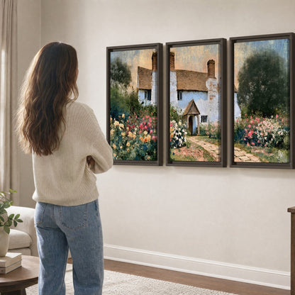 English cottage garden painting 3 piece framed canvas in a living room