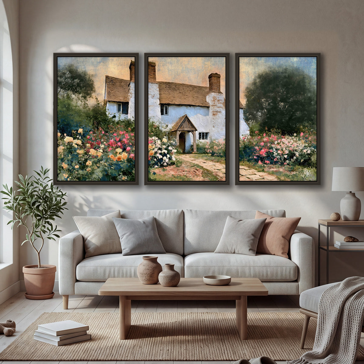 English cottage garden painting 3 piece framed canvas in a bright living room