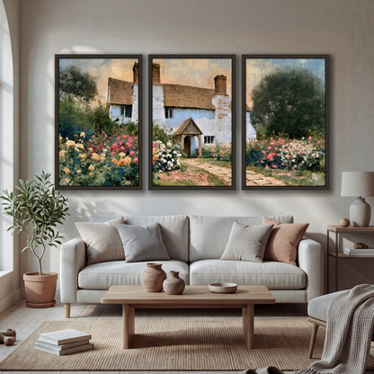 English cottage garden painting 3 piece framed canvas in a bright living room