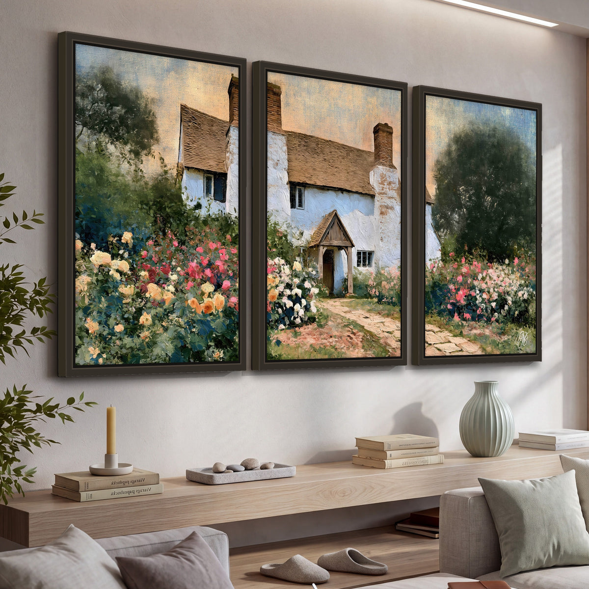 English cottage garden painting 3 piece framed canvas in a living room above a console