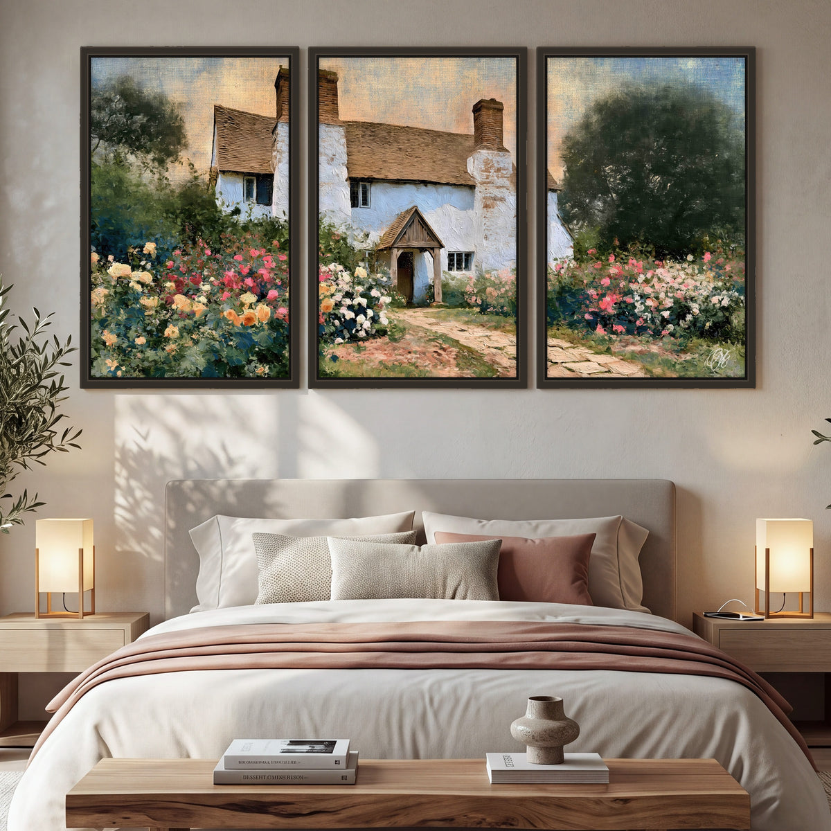 English cottage garden painting 3 piece framed canvas in a bedroom above the bed