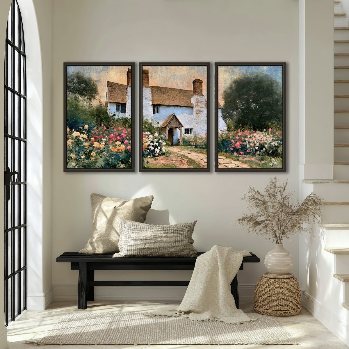 English cottage garden painting 3 piece framed canvas in an entryway above a bench