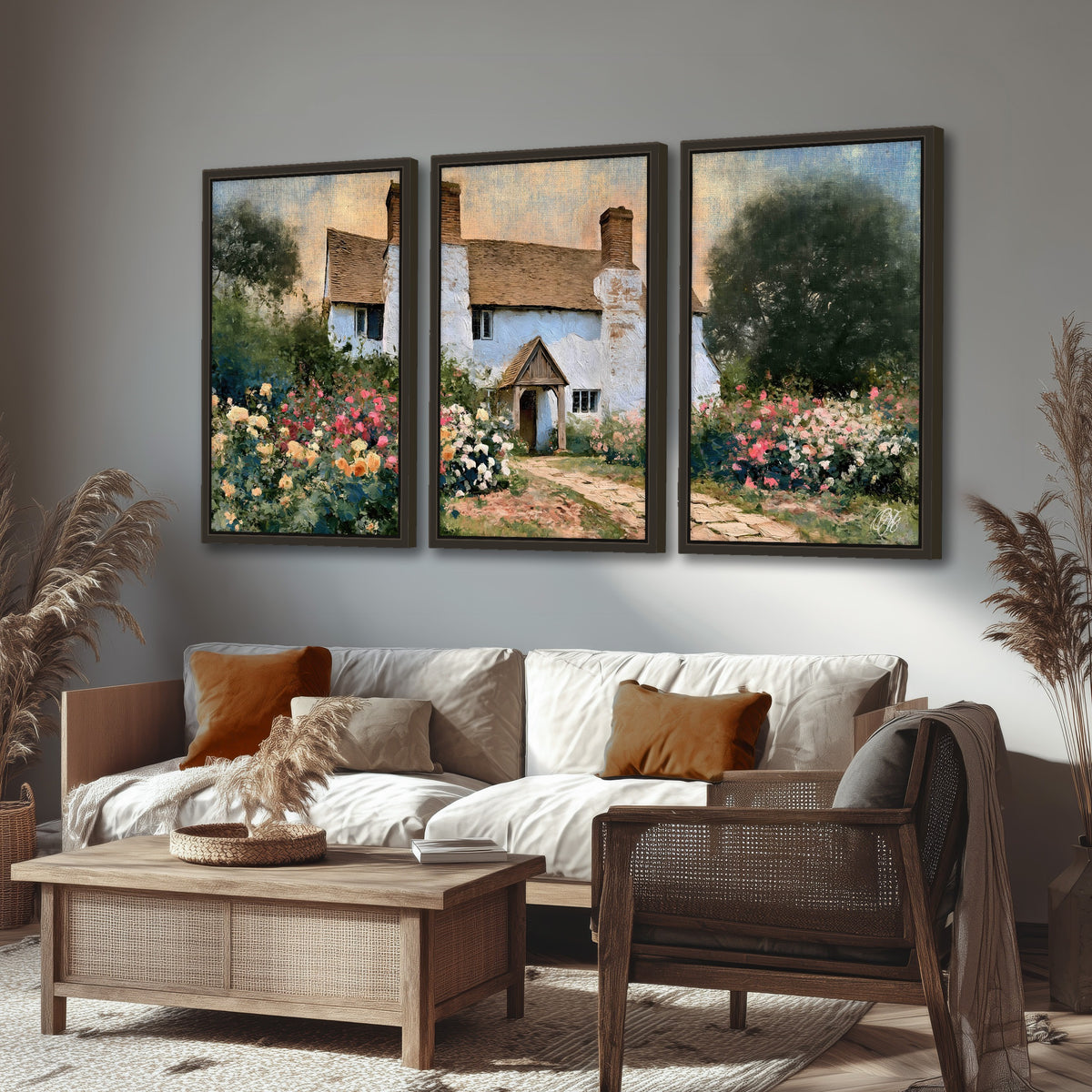 English cottage garden painting 3 piece framed canvas in a rustic living room