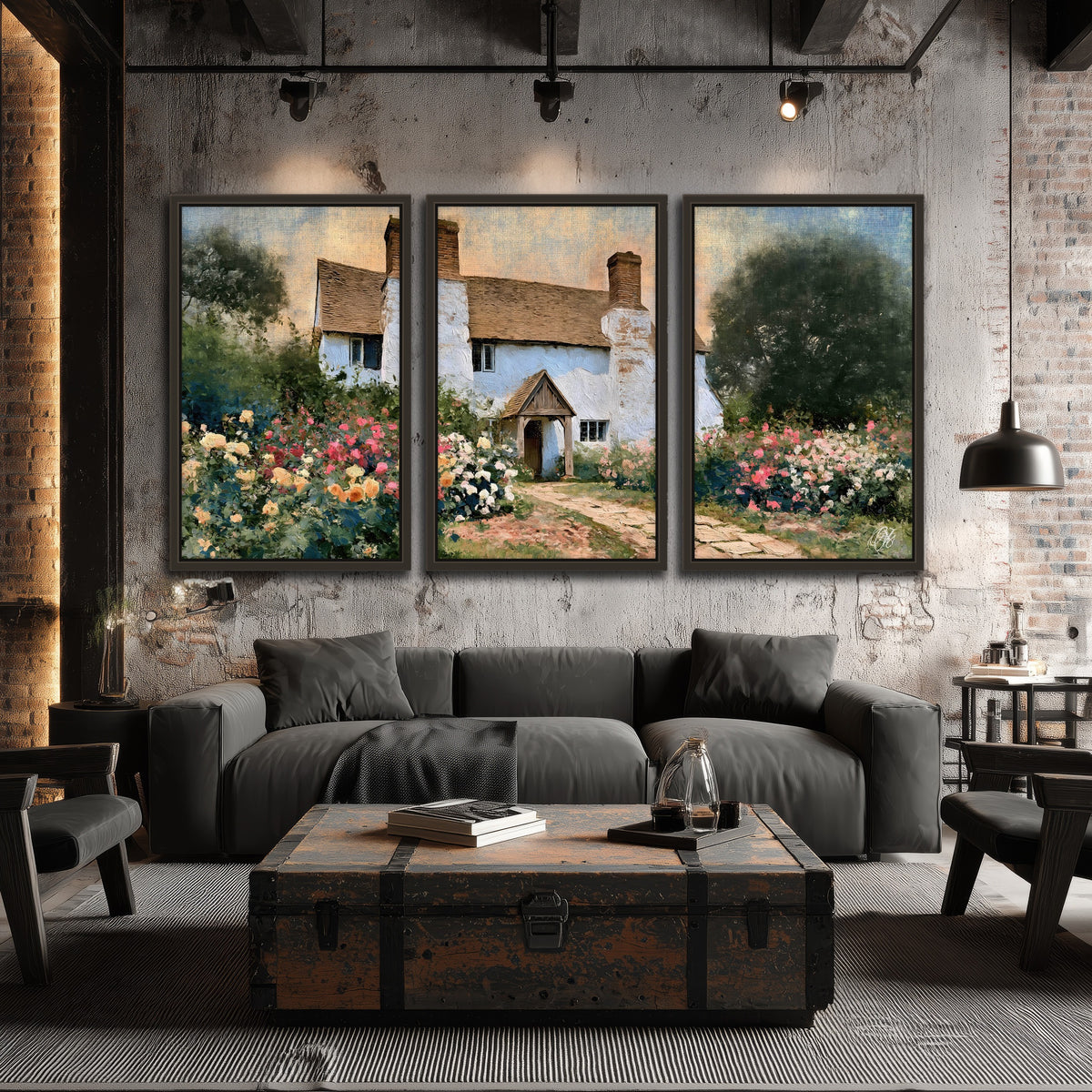 English cottage garden painting 3 piece framed canvas in an industrial loft
