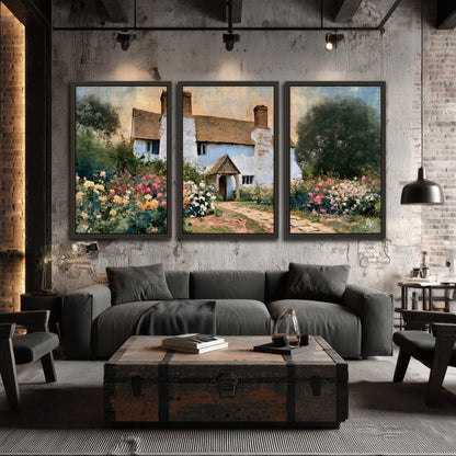 English cottage garden painting 3 piece framed canvas in an industrial loft