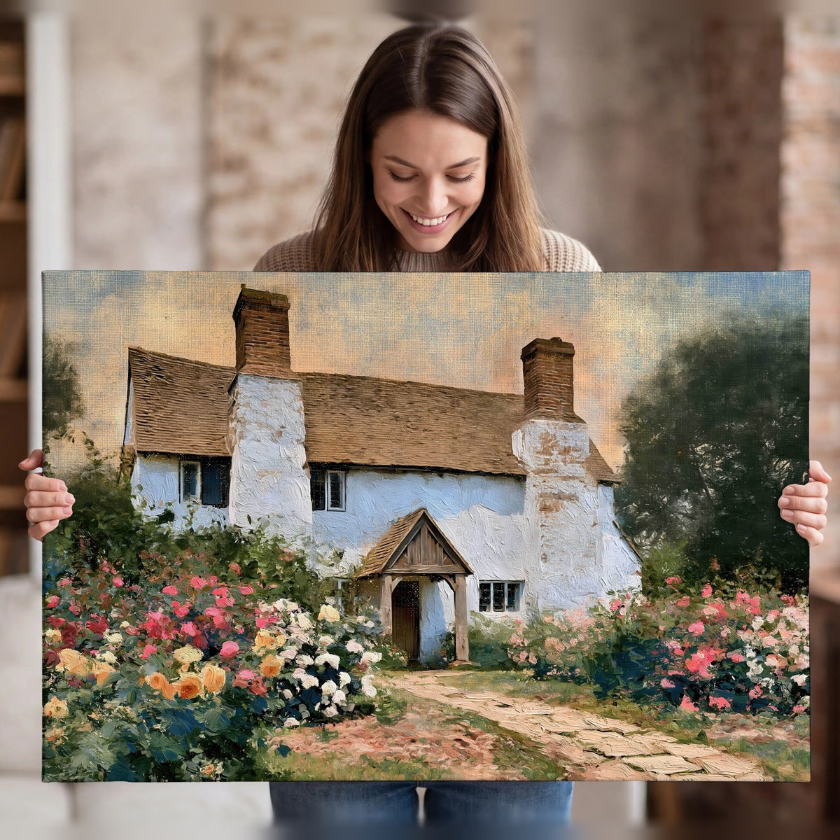 English cottage garden painting canvas wall art held in hands