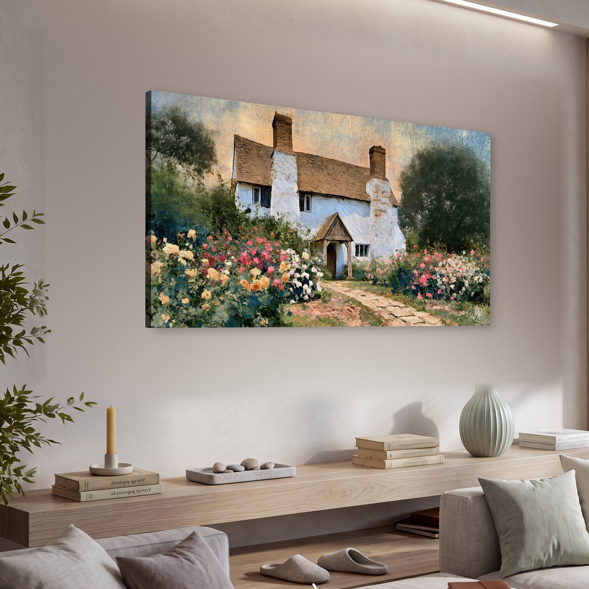 English cottage garden painting canvas wall art in a living room above a console
