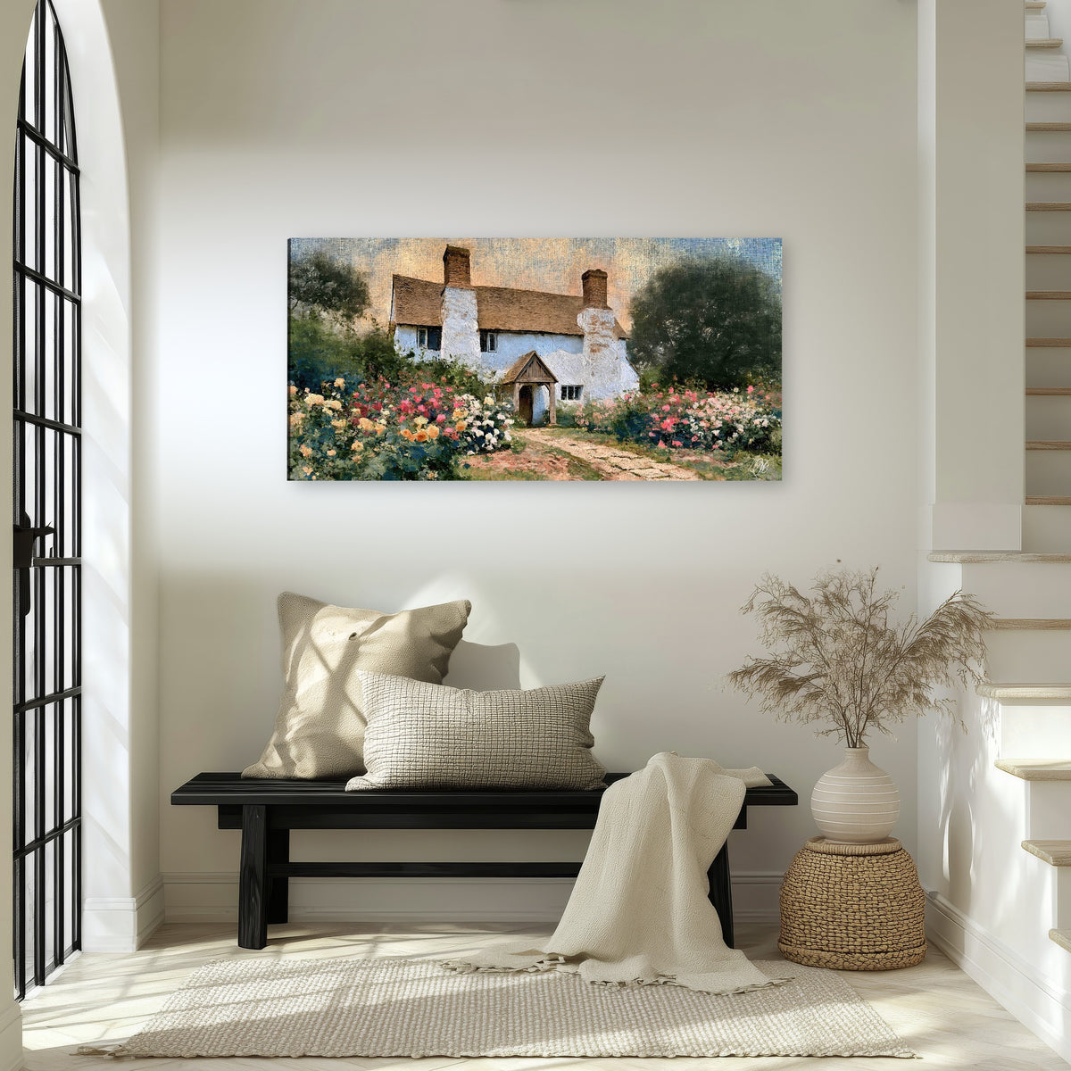 English cottage garden painting canvas wall art in an entryway above a bench