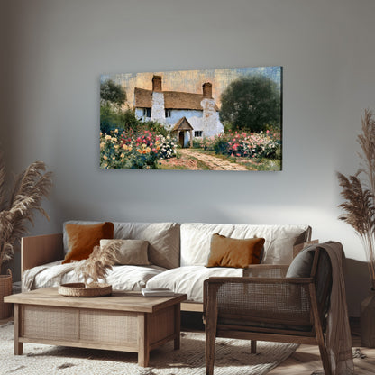English cottage garden painting canvas wall art in a rustic living room