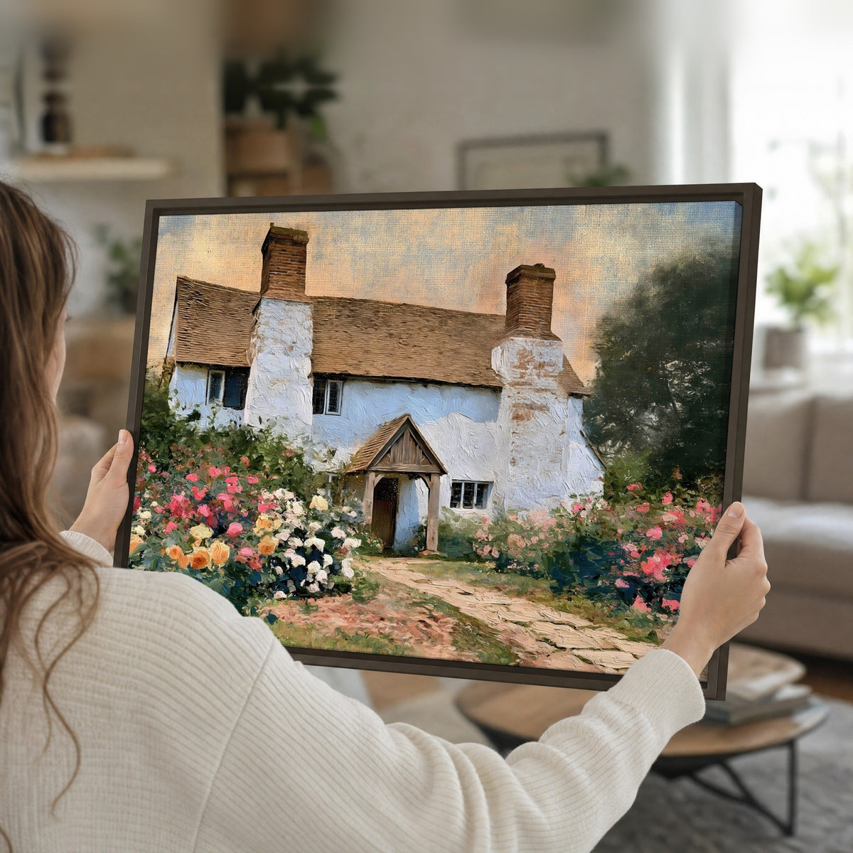 English cottage garden painting framed canvas held in hands