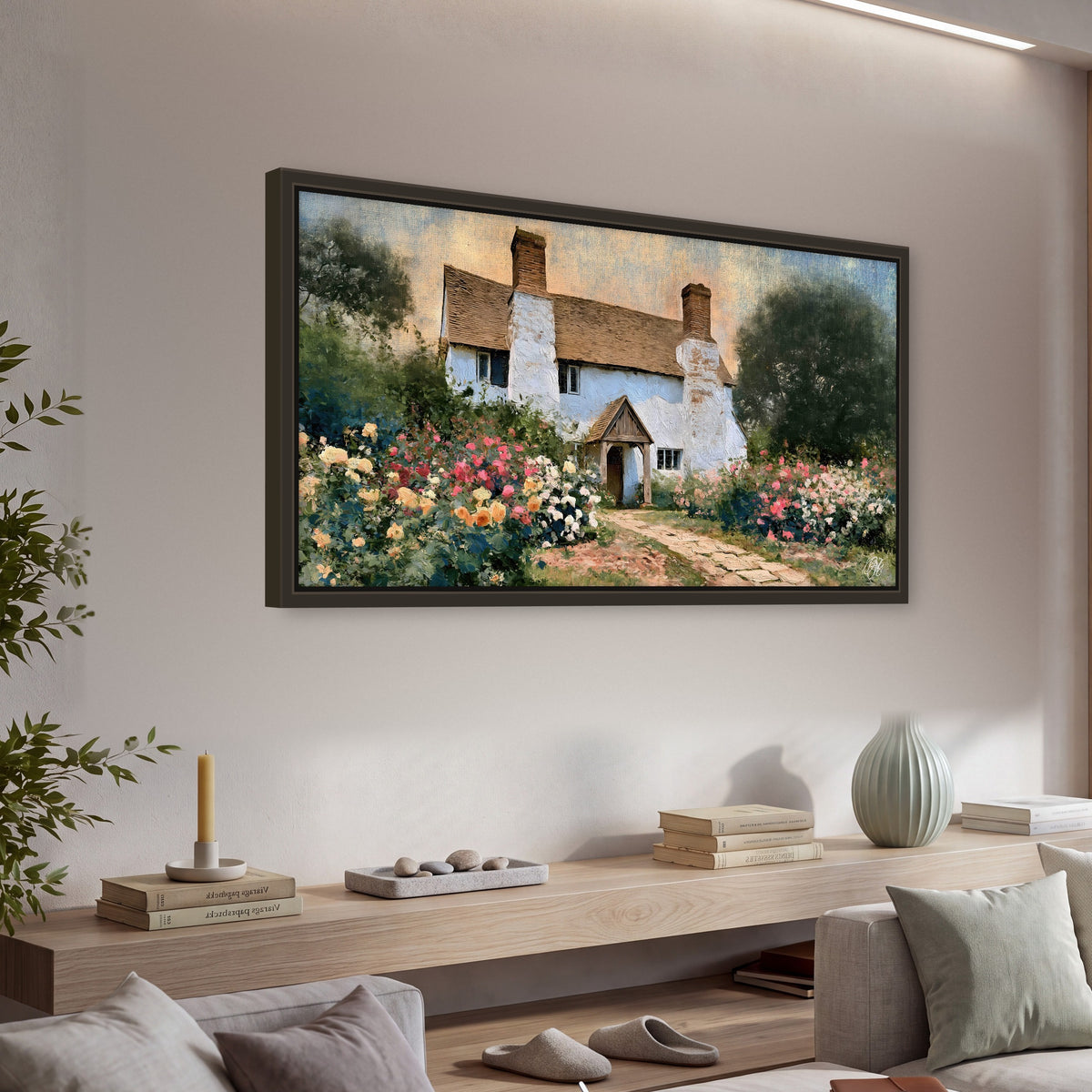 English cottage garden painting framed canvas wall art in a living room above a console