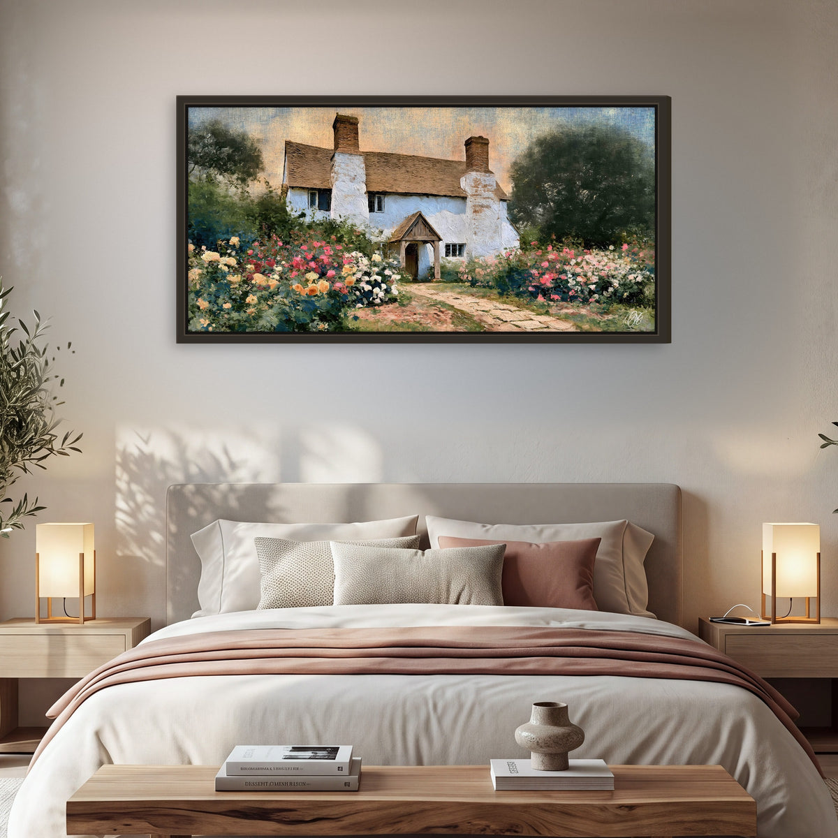 English cottage garden painting framed canvas wall art in a bedroom above the bed