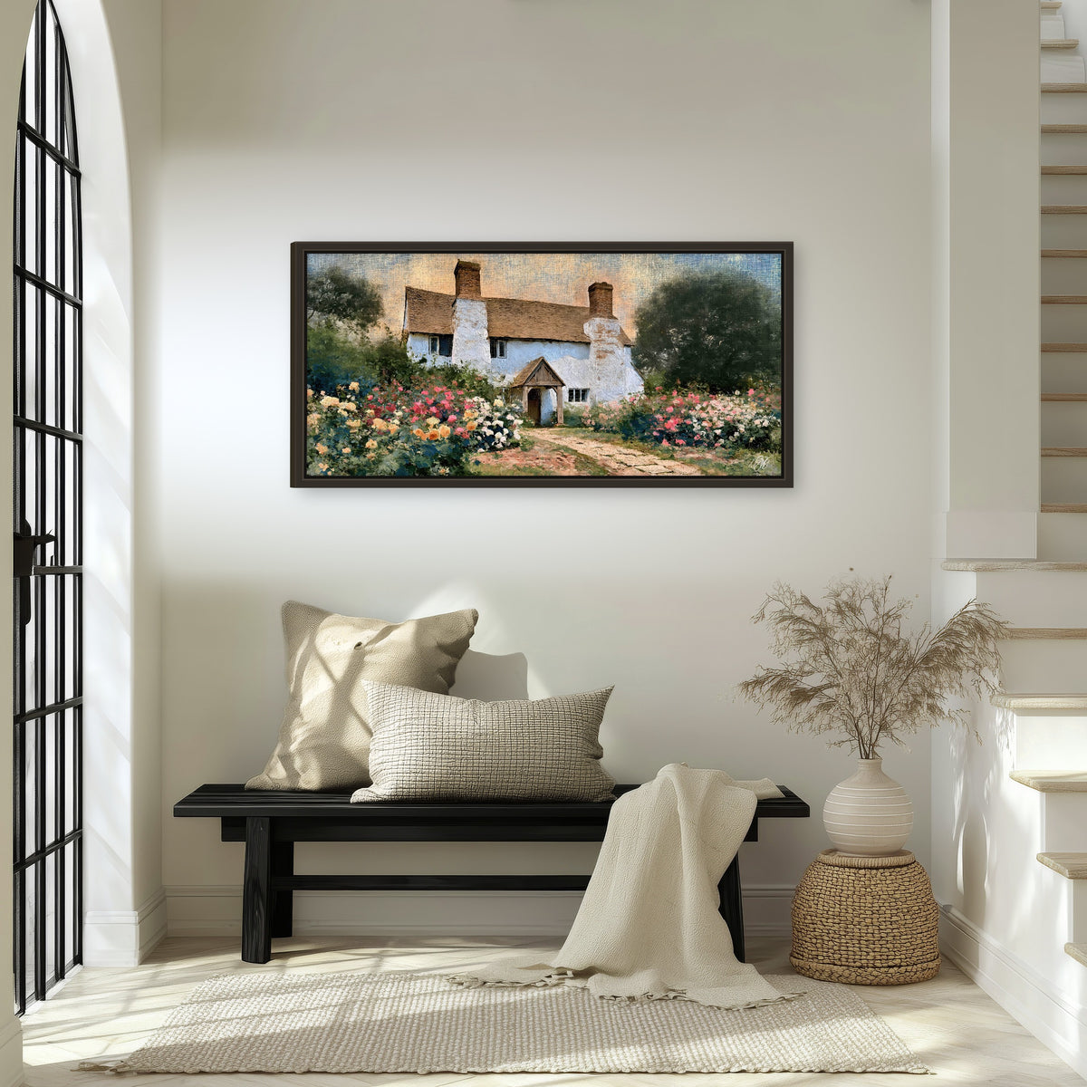 English cottage garden painting framed canvas wall art in an entryway above a bench