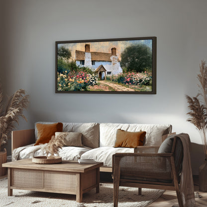 English cottage garden painting framed canvas wall art in a rustic living room