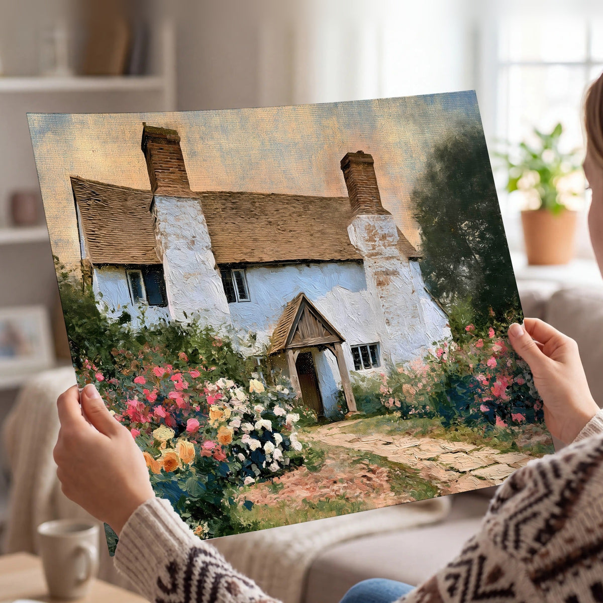 English cottage garden painting poster print held in hands