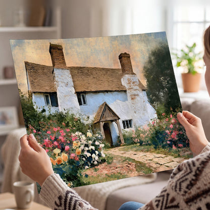 English cottage garden painting poster print held in hands