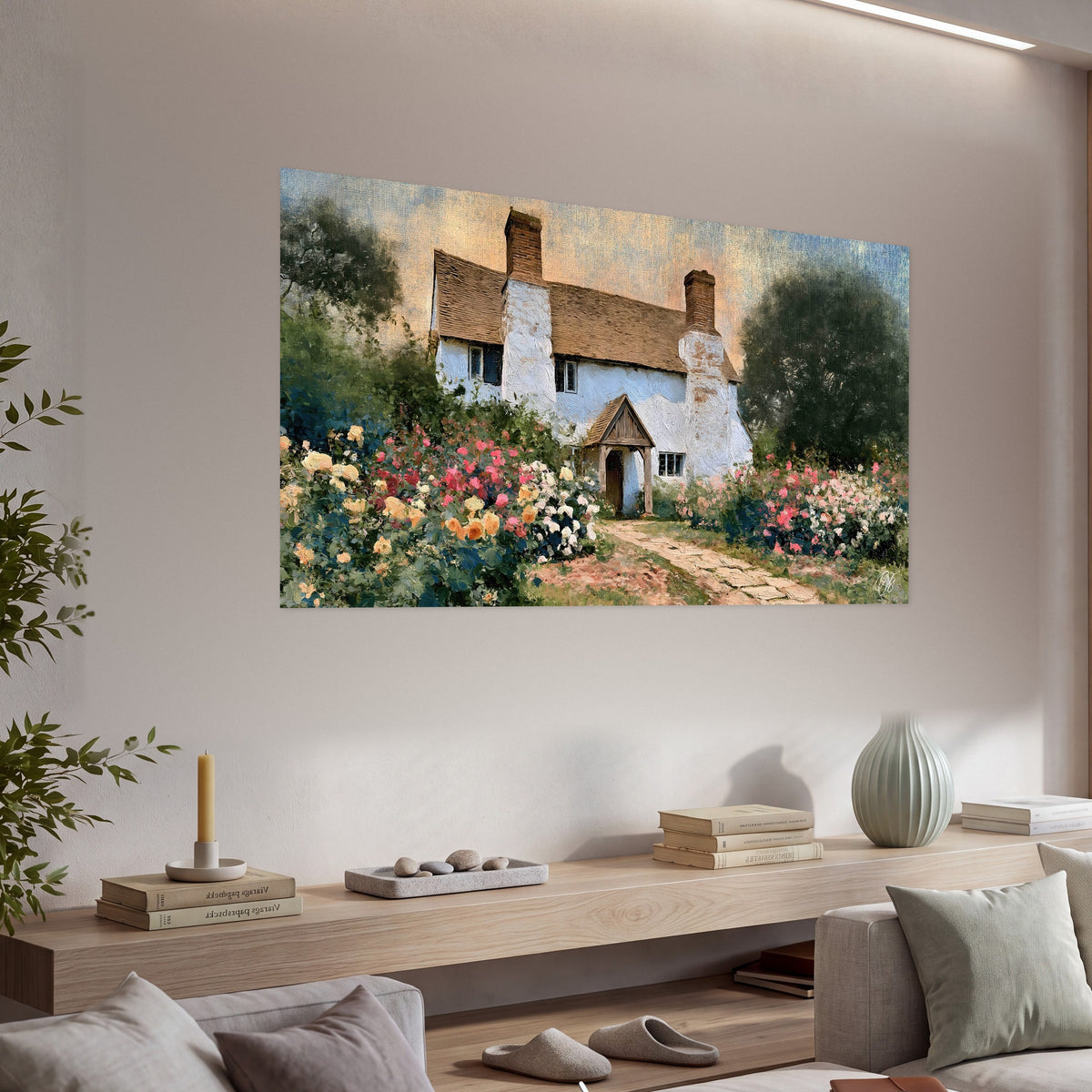 English cottage garden painting poster print in a living room above a console