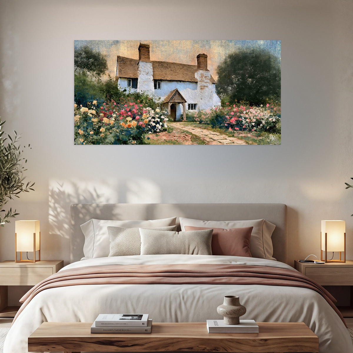 English cottage garden painting poster print in a bedroom above the bed