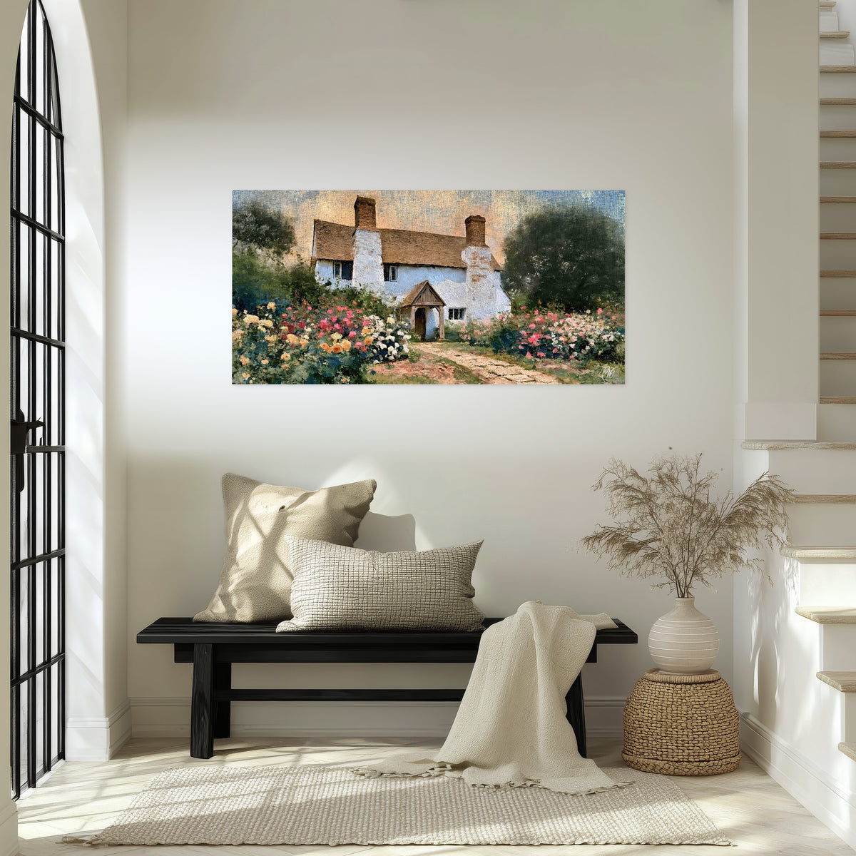 English cottage garden painting poster print in an entryway above a bench