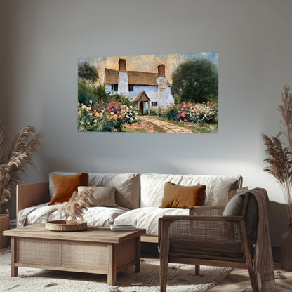 English cottage garden painting poster print in a rustic living room