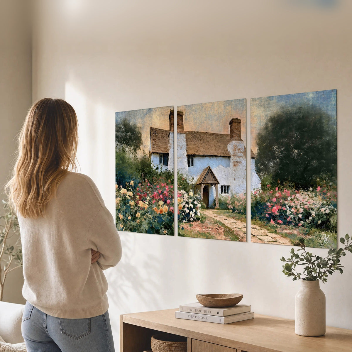 English cottage garden painting set of 3 poster prints in a living room