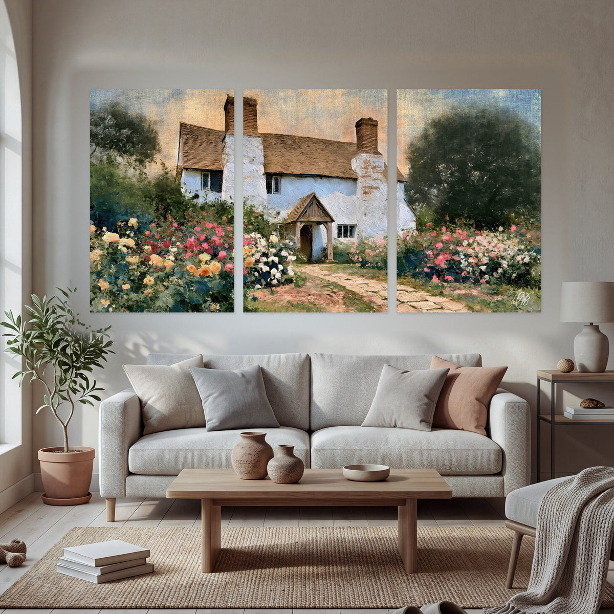 English cottage garden painting set of 3 poster prints in a bright living room