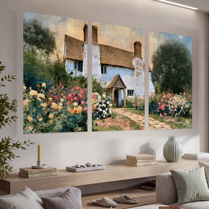 English cottage garden painting set of 3 poster prints in a living room above a console
