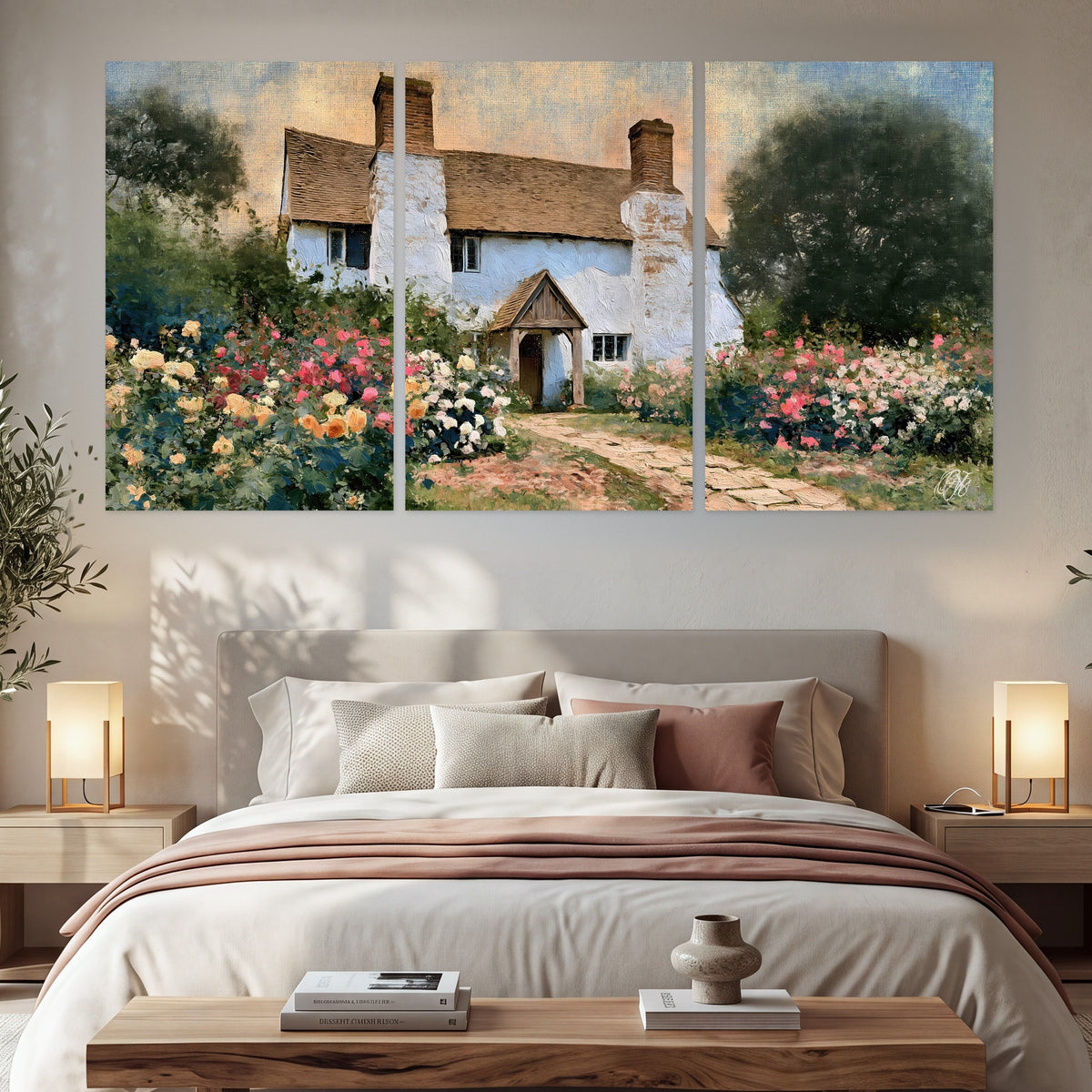 English cottage garden painting set of 3 poster prints in a bedroom above the bed