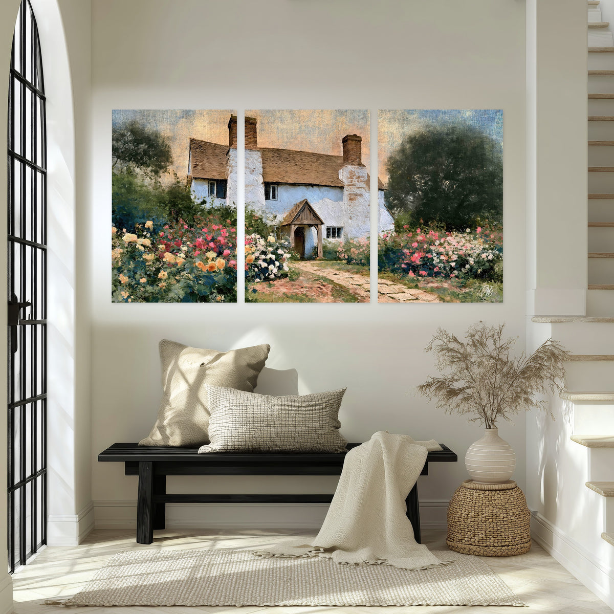 English cottage garden painting set of 3 poster prints in an entryway above a bench