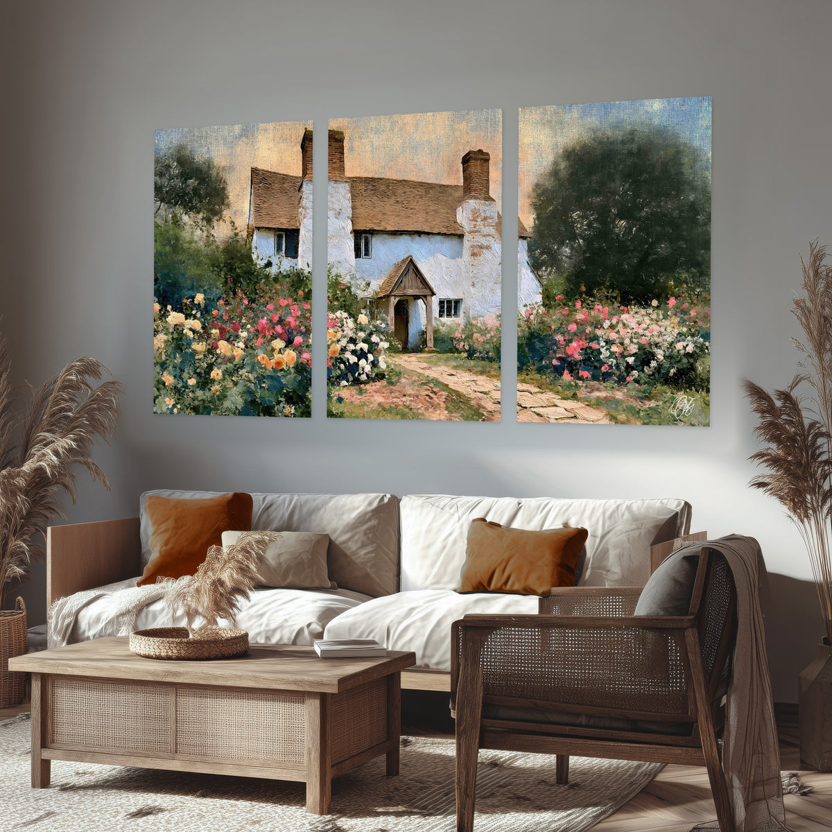 English cottage garden painting set of 3 poster prints in a rustic living room