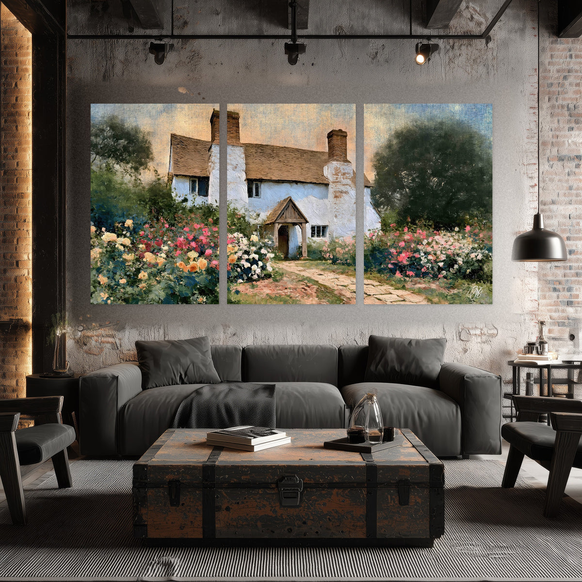 English cottage garden painting set of 3 poster prints in an industrial loft