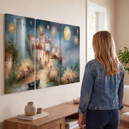 Moonlit village painting 3 piece canvas wall art in a living room