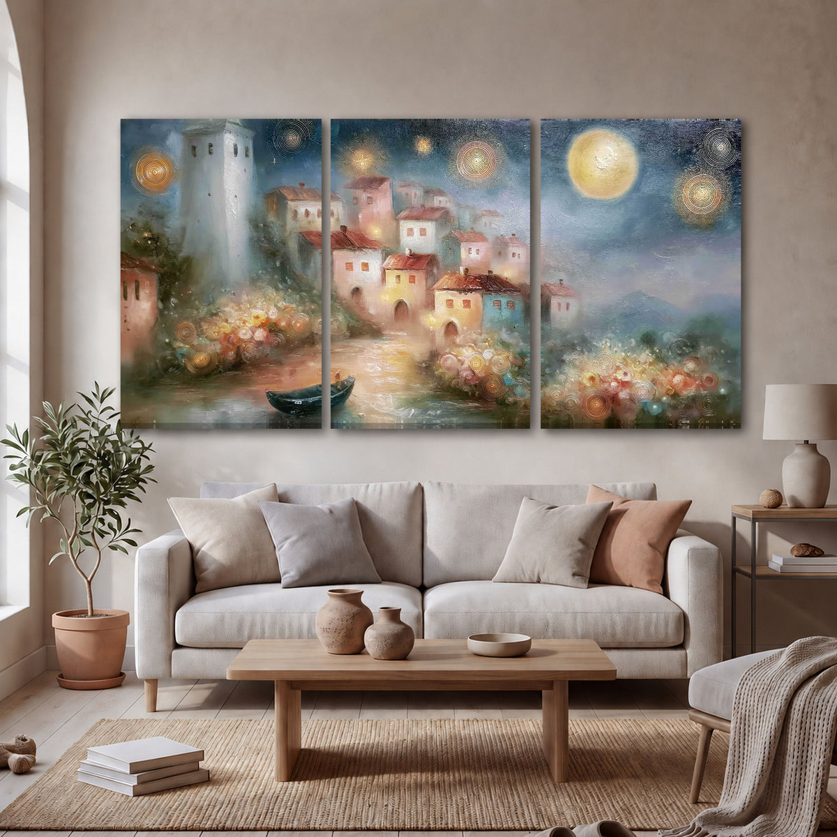 Moonlit village painting 3 piece canvas wall art in a bright living room