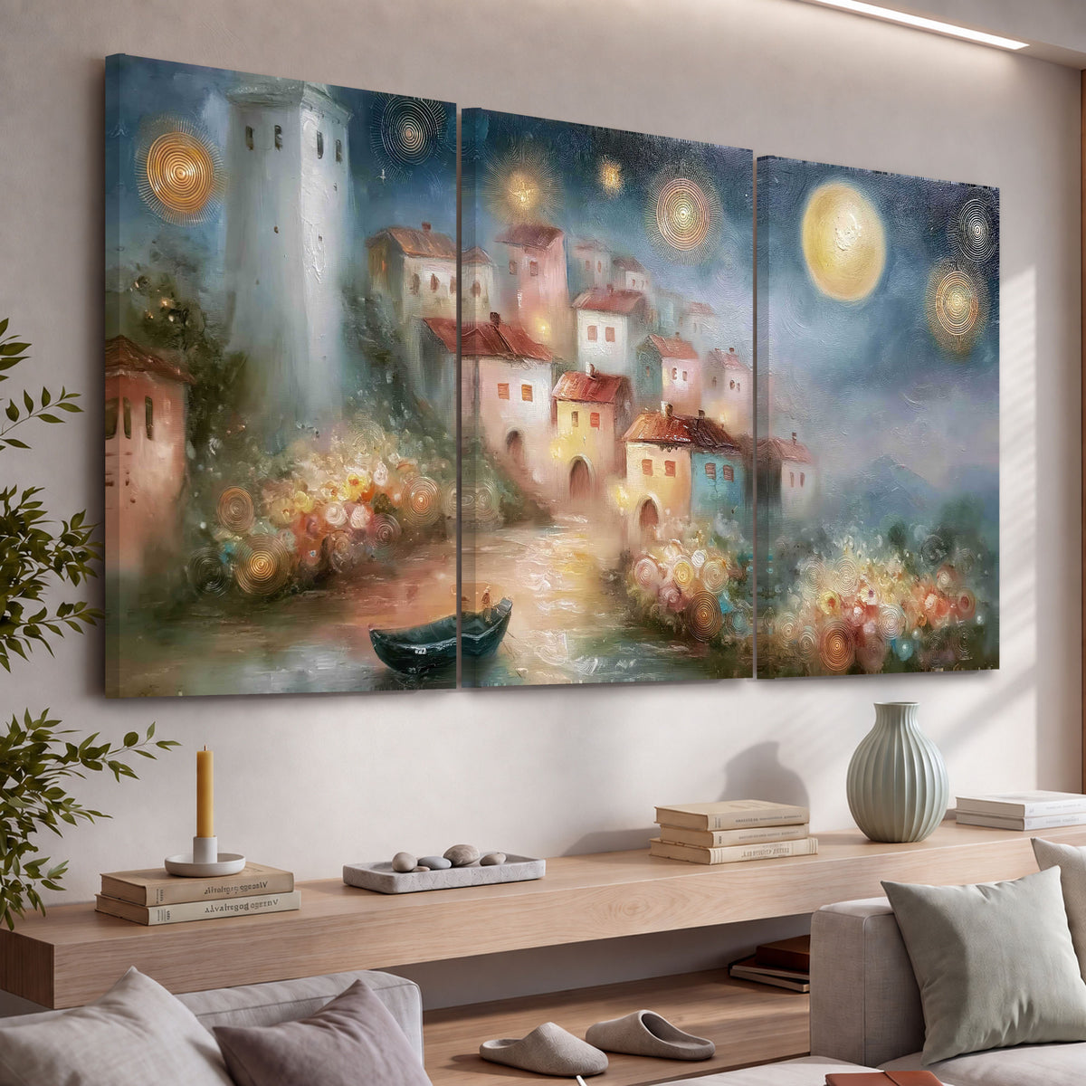 Moonlit village painting 3 piece canvas wall art in a living room above a console