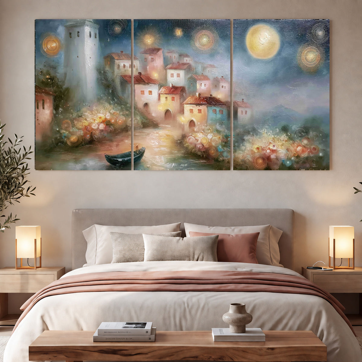 Moonlit village painting 3 piece canvas wall art in a bedroom above the bed
