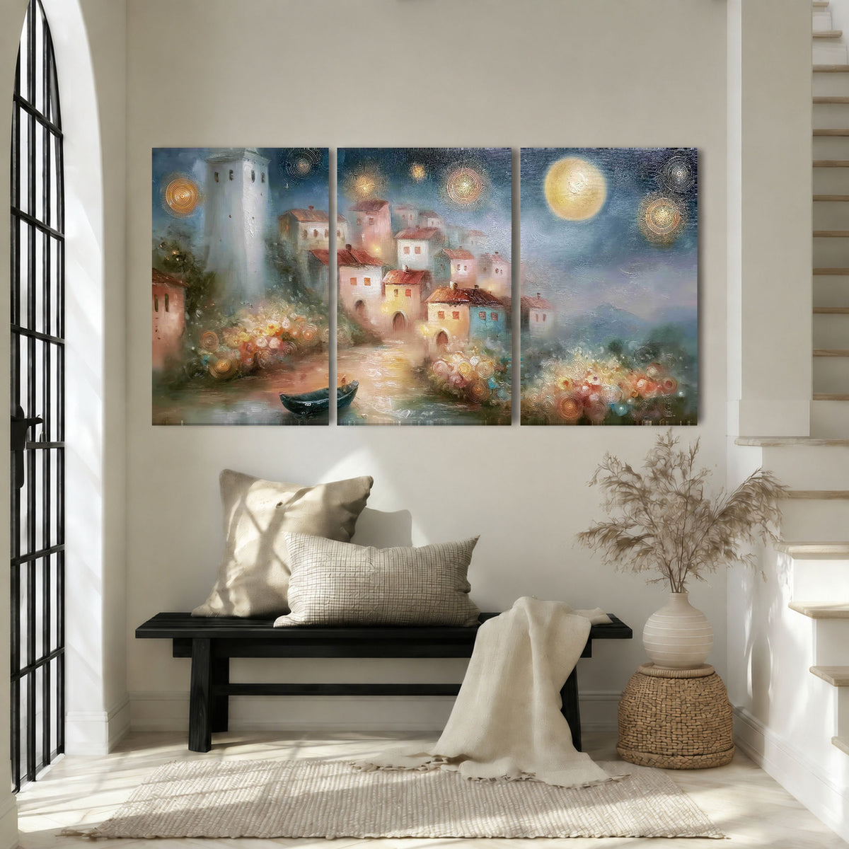 Moonlit village painting 3 piece canvas wall art in an entryway above a bench