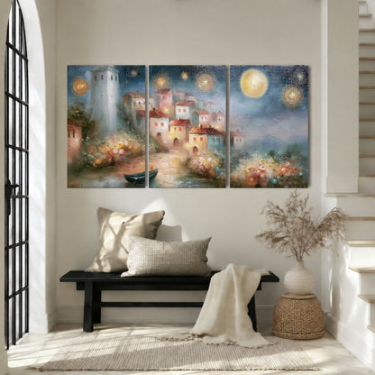 Moonlit village painting 3 piece canvas wall art in an entryway above a bench