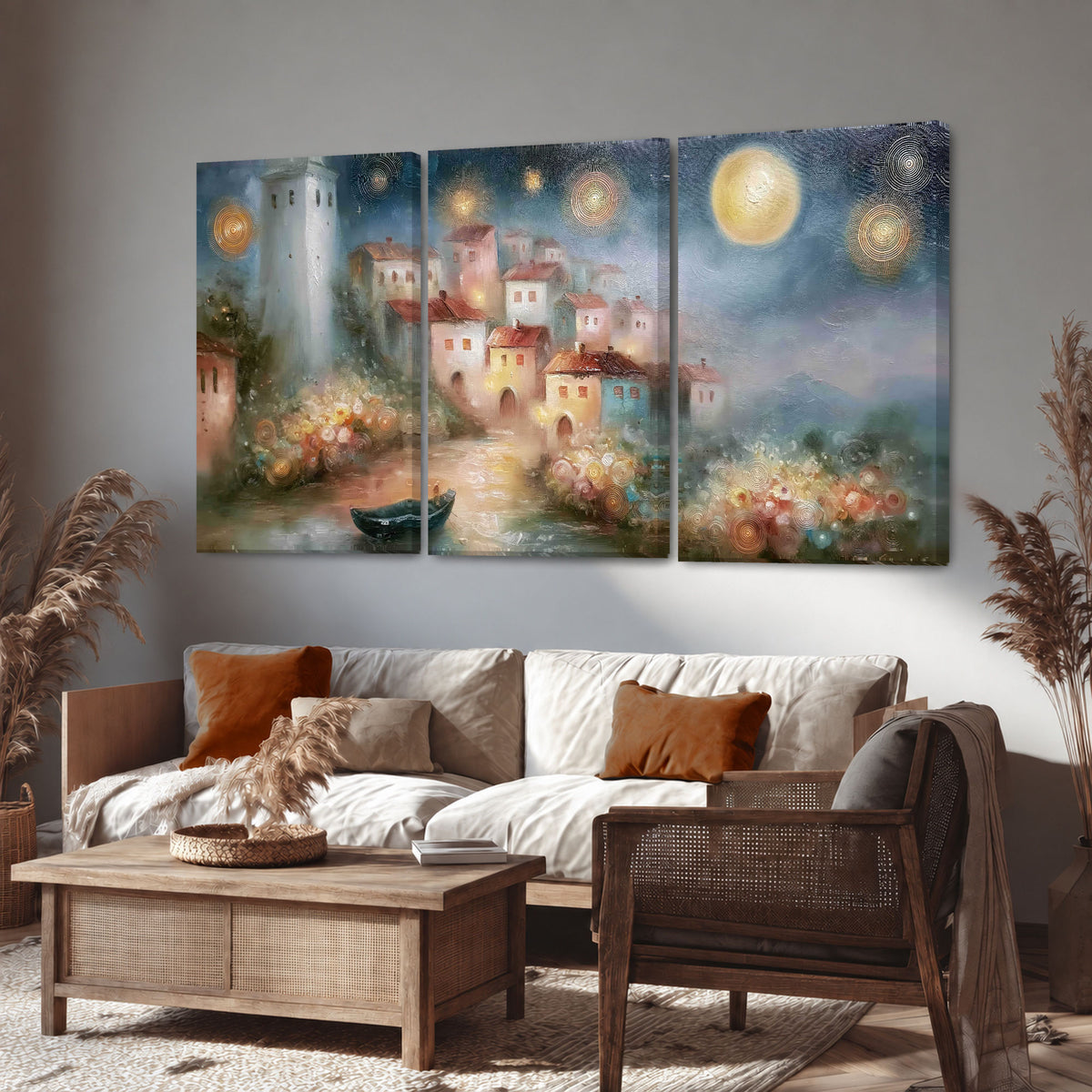 Moonlit village painting 3 piece canvas wall art in a rustic living room