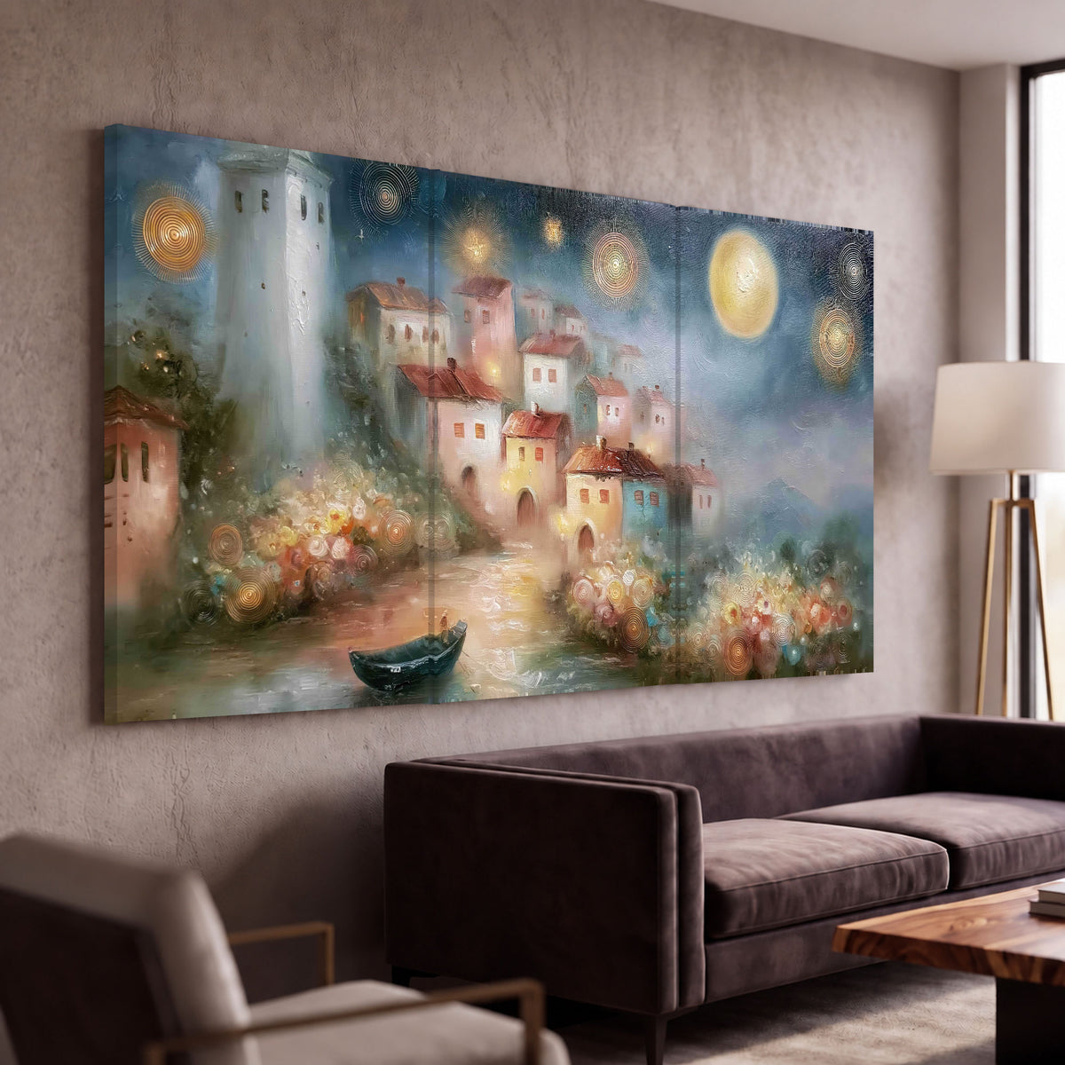 Moonlit village painting 3 piece canvas wall art in a modern living room
